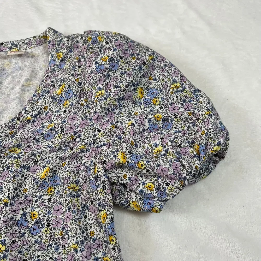 Levi's V-Neck Ditzy Floral Print Crop Button Up Blouse Size S Puff Sleeve Boxy